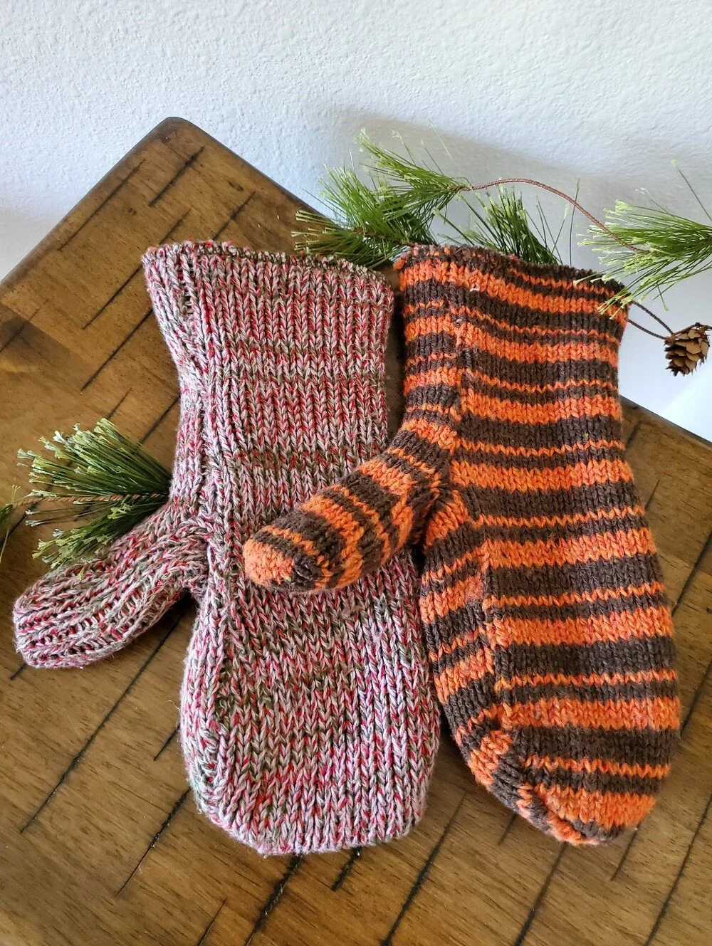 Dual Layer Cotton Wool Striped Mittens Orange Brown Fall Winter